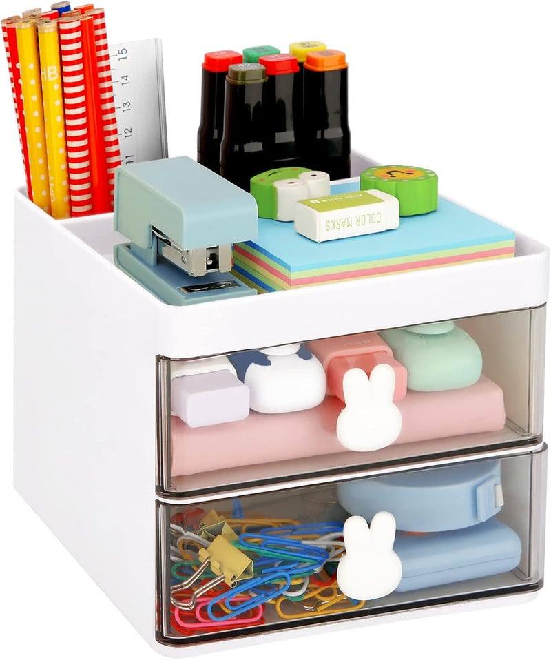 LETURE Small Desk Organizer With Drawer, Office Desktop Storage Box, Business Card/Pen/Pencil/Mobile Phone/Stationery Holder Storage Box, Makeup Organizer for Office School Home (White) - Image 1